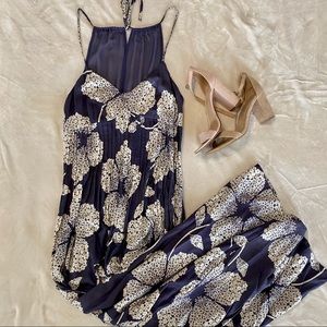 Lauren Conrad Navy Blue Floral Pintuck Maxi Dress